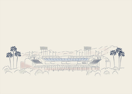 Dodger Stadium Exterior Line Illustration, Los Angeles Baseball Stadium
