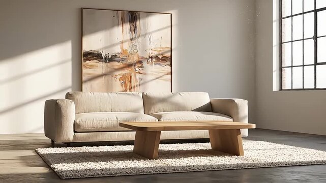 Modern beige sofa and wooden table in a bright room with large window and abstract art