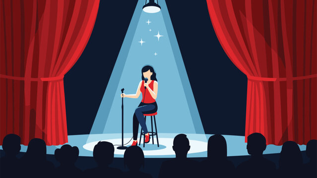 Female stand up comedian performs on a theater stage under a spotlight in front of a silhouette audience behind curtains.