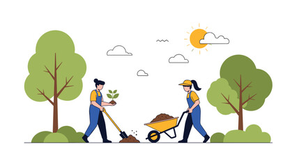 Naklejka premium Community gardening and environmental conservation scene shows two people planting a young tree together in a sunny park with garden tools.