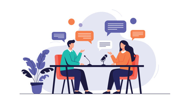Professional podcast recording session features a man and a woman interviewing each other with microphones and colorful speech bubbles above.