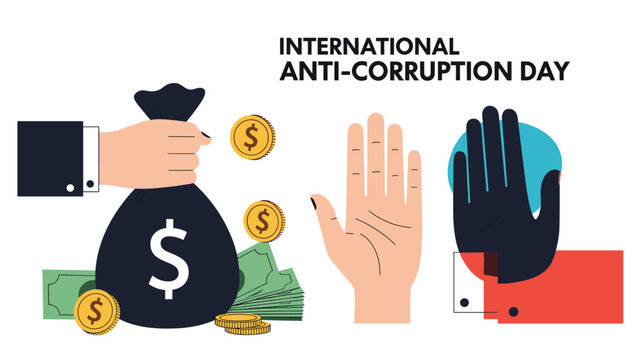 International anti corruption day conceptual illustration shows hands stopping a bribe and a person holding a large black bag of money.