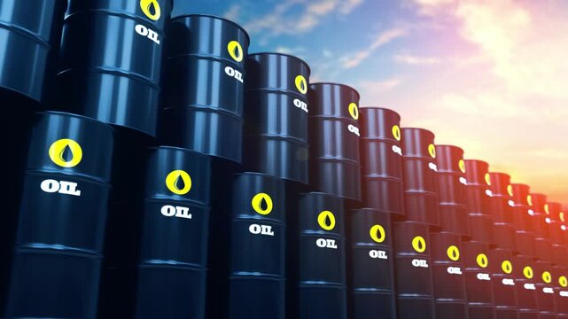 4K Metal Oil Barrels of Black Color, Seamless Loopable 3D Illustration of Industrial Petroleum Drums on Grid.
