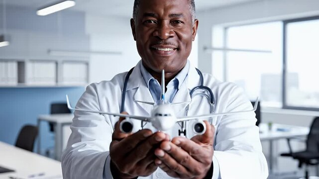 Smiling doctor in white coat holds airplane model, stethoscope around neck