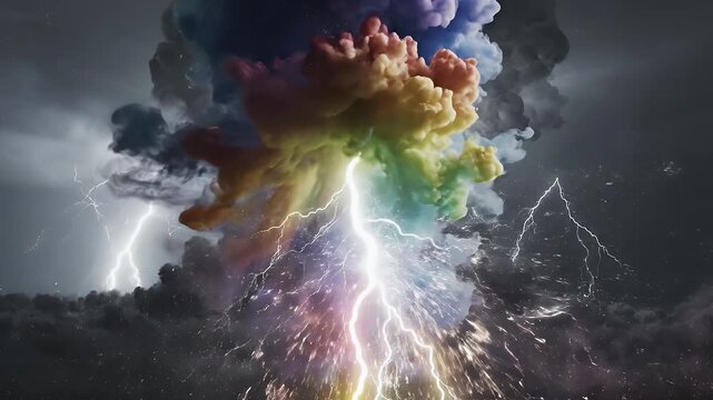 Colorful Smoke and Lightning Storm - This dramatic video features a powerful lightning bolt striking amidst colorful smoke clouds.