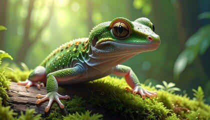 Green Tree Frog on Mossy Branch in Lush Forest.