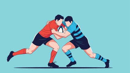 Fototapeta premium Two professional rugby players in a dynamic tackle during a match on a blue background representing strength and competitive team sports.