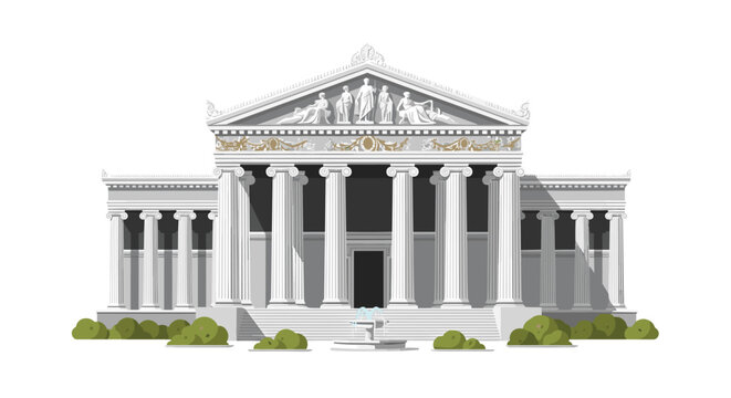 A majestic classical temple-style building with a grand facade, numerous fluted columns, and a sculptural pediment stands with a fountain and green bushes against a white background.