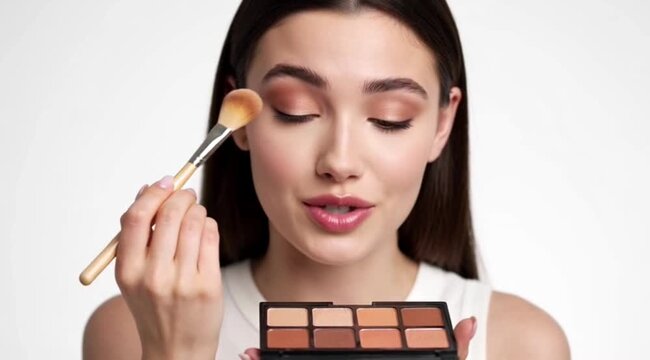 Beautiful Young Woman Applying Eyeshadow Palette with Makeup Brush Professional Beauty Cosmetics Tutorial Close Up 4K HD Ultra Video
