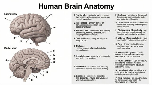 Detailed Illustration of Human Brain Anatomy with Lateral and Medial Views and Labels