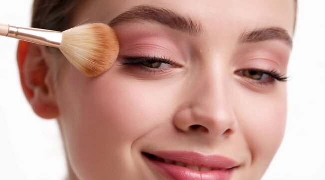 Beautiful Young Woman Applying Blush Powder with Makeup Brush on Cheek Beauty Cosmetics Close Up 4K HD Ultra Video