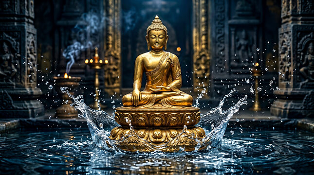 Golden Religon Budha Statue in Splashing Water with Incense Smoke