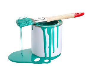 Obraz premium Can of turquoise paint with brush isolated on white background