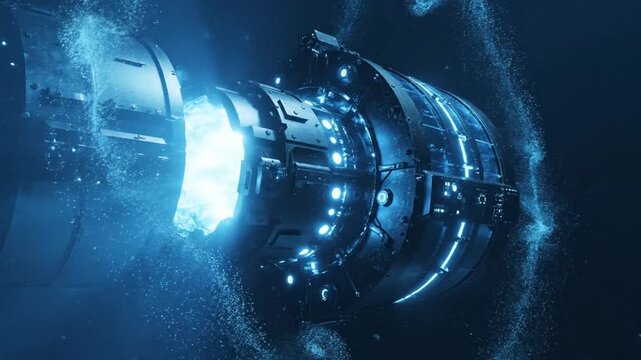 Cinematic slow-motion shot of a futuristic industrial reactor module rotating underwater in the dark deep sea, advanced sci-fi technology and mechanical energy core submerged in ocean abyss.