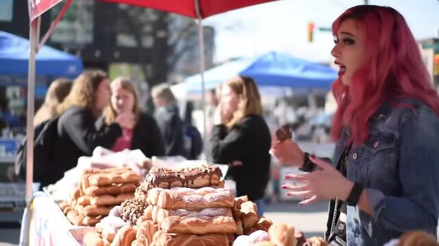 Woman buying donuts at outdoor market.