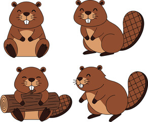 Cute cartoon beaver character collection with different poses holding wood log vector illustration set of forest animal mascot isolated on white © MostArjuma