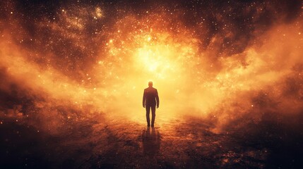 Fototapeta premium Person approaches glowing light in spiritual journey through space and time
