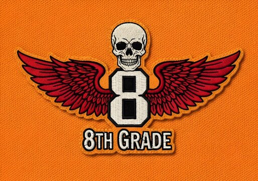 8th Grade Skull Wing Patch - Embroidered Design on Orange Background