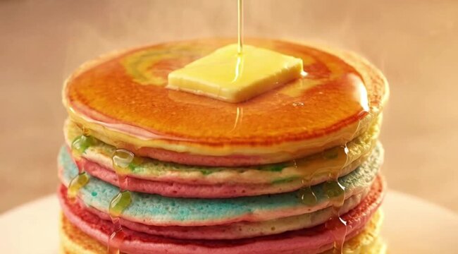 Rainbow Pancake Stack with Melting Butter Syrup Drizzle Fresh Hot 4K HD Ultra Video