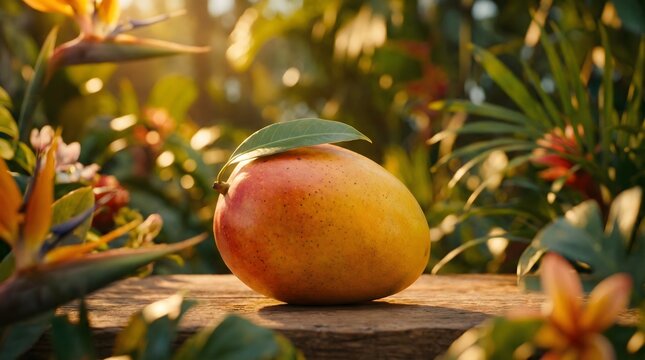 Fresh tropical mango on rustic wood in lush garden sunlight