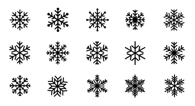 Collection of diverse snowflake icons, symbolizing winter, frost, and the beauty of frozen patterns