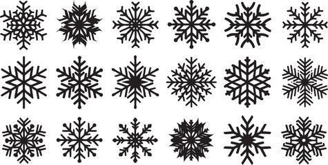 Fototapeta premium Collection of unique black snowflakes on white background illustration