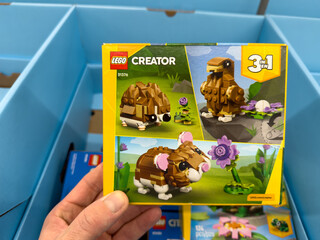 Fototapeta premium LEGO Creator Three In One Animal Building Set Box Held In Store Toy Aisle