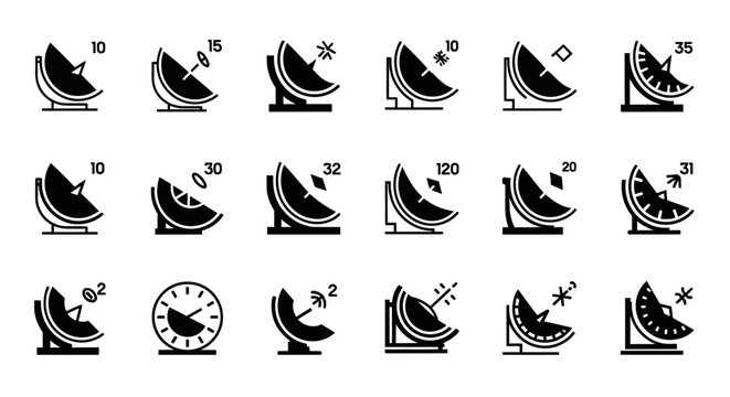 Collection of stylized satellite dish icons representing communication, technology, and signal transmission