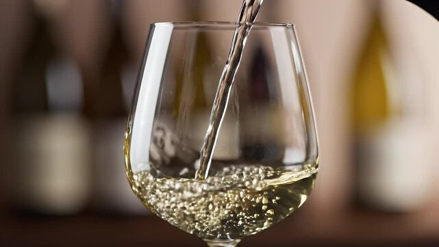 A clear glass goblet receives a golden stream of white wine