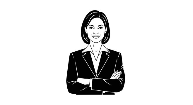A confident businesswoman with her arms crossed, depicted in a simple black and white illustration.