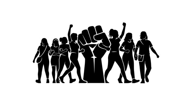 A group of women standing together in solidarity with raised fists