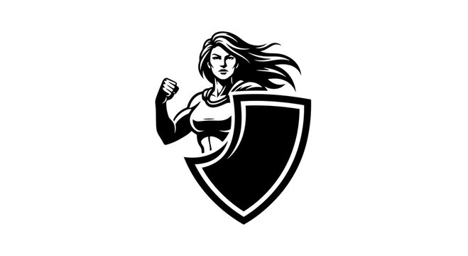 A female superhero with a strong flex and shield in a black and white graphic