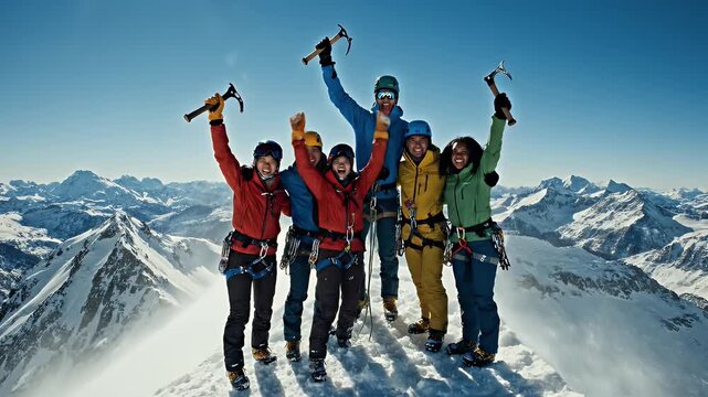 Mountain Climbing Teamwork Success - A group of diverse climbers celebrate reaching the mountain peak, displaying teamwork and triumph.