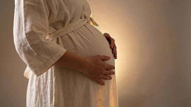 Pregnant woman belly maternal prenatal care gentle touch warm light soft dress expectation serene home interior health support love connection peaceful motherhood maternity pose