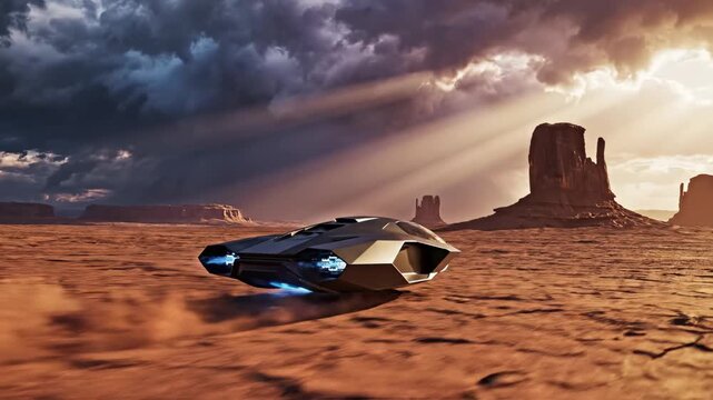 Futuristic Hovercraft Flying Across Desert Landscape