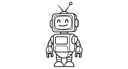 Simple black and white drawing of a smiling robot with an antenna