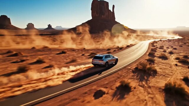 Cinematic drone perspective of a luxury SUV traversing the arid Araya desert road under a blazing sun, capturing the vast landscape and dusty trail in stunning slow motion during a clear day.
