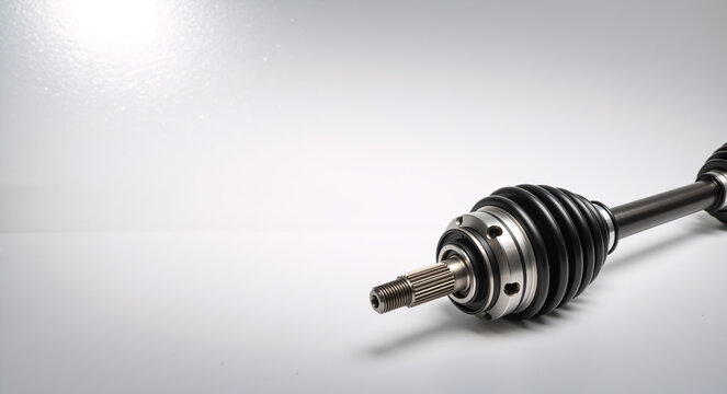 Car drive shaft CV joint on white background. Automotive constant velocity joint with rubber boot