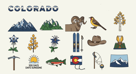 Fototapeta premium Colorado State Symbols and Icons Collection Mountains, Wildlife, and Outdoor Activities