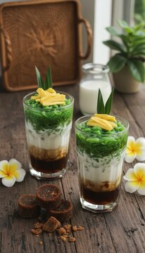 Traditional Indonesian iced cendol dessert glasses