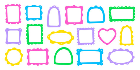 Frame border hand drawn cute set. Cute doodle frame border square, rectangle line photo picture shapes. Cartoon children kids bow scallop lace stamp retro vintage card. Vector illustration