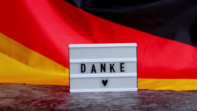 Lightbox with text DANKE THANK YOU National symbol of Germany. German wave silky flag background. Concept of thanksgiving day and gratitude 