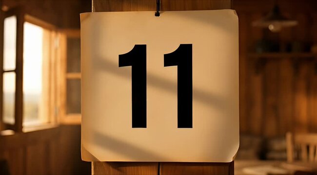 Number eleven card hanging on a wooden wall, illuminated by warm sunlight filtering through a rustic window, creating a serene and reflective atmosphere in a cozy interior setting