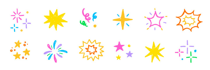 Star sticker crayon texture icon set. Star icon kid sketch hand drawn line marker crayon brush color texture..Cute cartoon funny childish magic twinkle glow pastel decoration. Vector illustration. © Polina Tomtosova