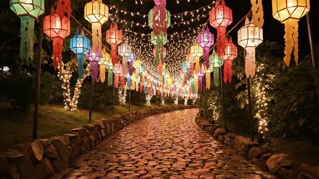 Nighttime Pathway Illuminated by Lanterns - A vibrant pathway is illuminated at night with colorful lanterns and decorative string lights.