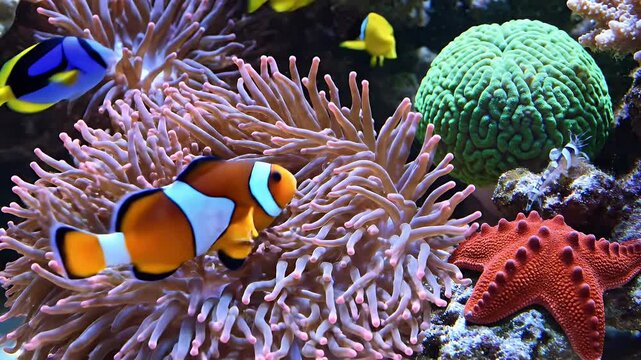 Saltwater Coral Reef Aquarium Scene - This video showcases a vibrant saltwater aquarium filled with colorful coral, anemones, starfish, and various fish including clownfish.