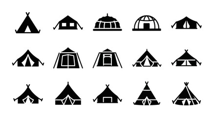 Collection of diverse tent icons representing various camping and outdoor shelter designs, perfect for travel and adventure themes © Steven