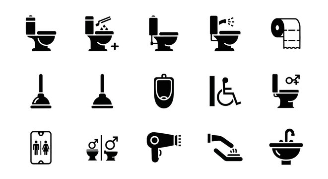 Collection of essential restroom and bathroom icons, featuring toilets, urinals, plungers, and accessibility symbols