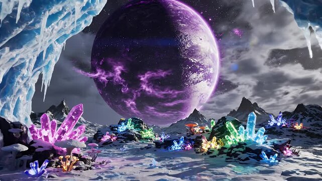 Surreal Alien Landscape with Ice Cave - This video depicts a view from inside an ice cave, looking out at a surreal landscape with a massive purple planet in the sky.