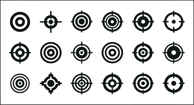 Set of various target icons and crosshair symbols representing accuracy and precision in aim and focus